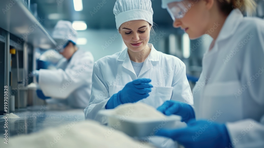 Photo of employees checking flour quality in the laboratory Photo of employees checking flour quality in the laboratory