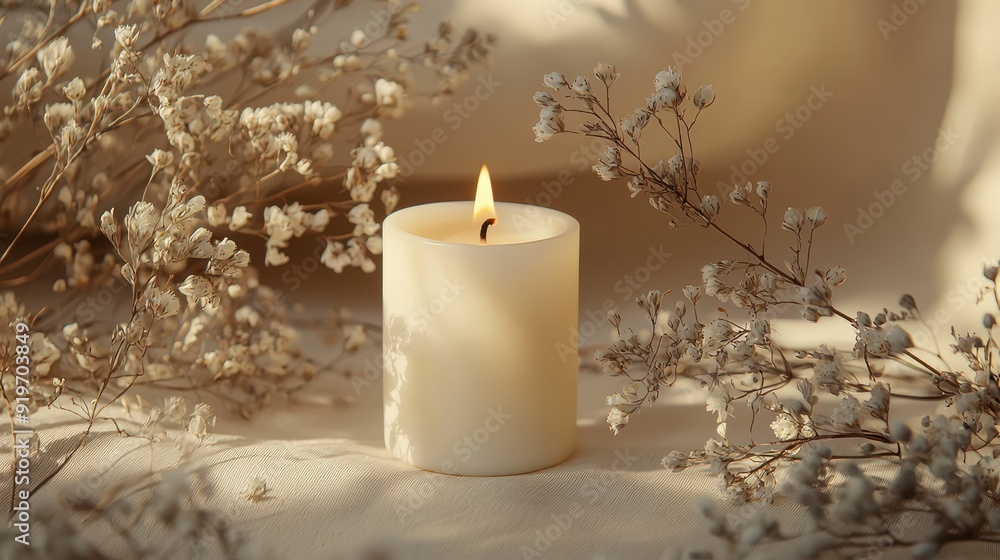 Aesthetic burning candle on beige background. Aesthetic burning candle on beige background.