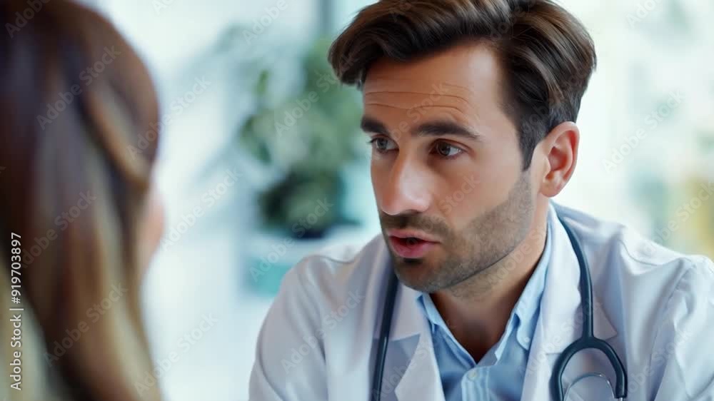 A doctor talking to a patient, discussing health concerns in a contemporary medical office A doctor talking to a patient, discussing health concerns in a contemporary medical office