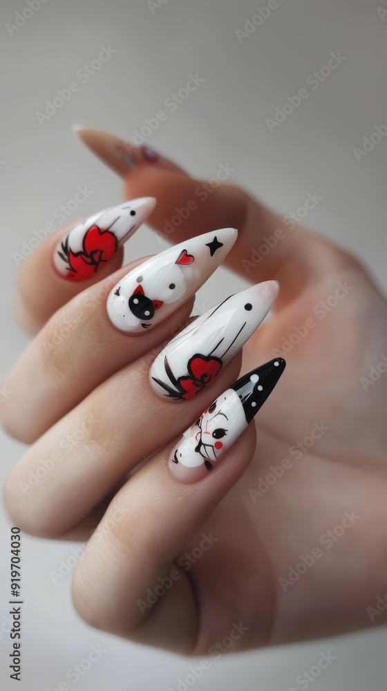 Colorful nail art combines hearts and whimsical designs on elegantly shaped nails Colorful nail art combines hearts and whimsical designs on elegantly shaped nails