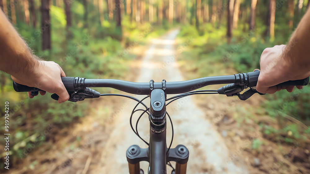 First person view of mountain biking on a forest path. .. First person view of mountain biking on a forest path. ..