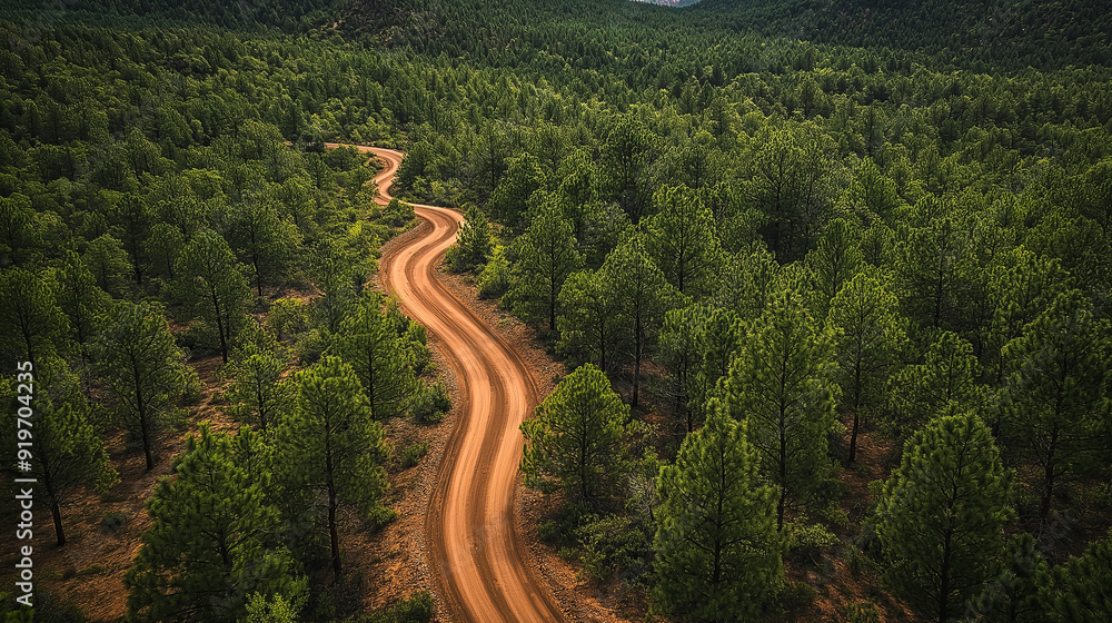 Aerial view of a winding dirt road through a dense forest. .. Aerial view of a winding dirt road through a dense forest. ..
