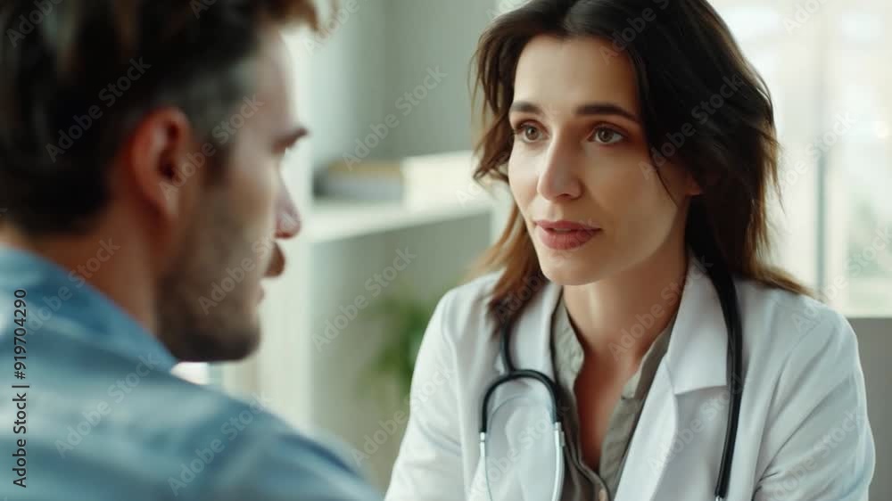 A doctor explains medical options to a patient in a well-lit clinic while maintaining a professional and empathetic demeanor A doctor explains medical options to a patient in a well-lit clinic while maintaining a professional and empathetic demeanor