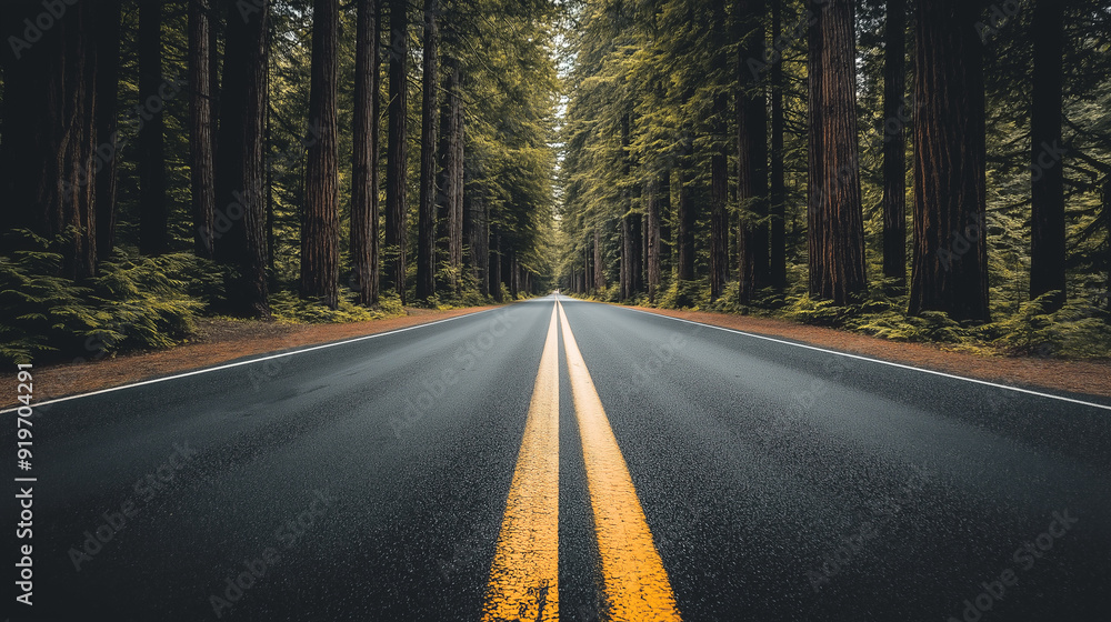Fototapeta premium Asphalt road through a dense forest with yellow lines. ..
