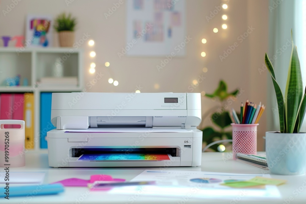 A printer producing a colorful document in a home office
