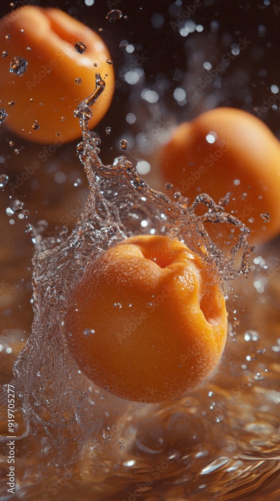 Orange fruit splashing in water with water drops. Orange fruit splashing in water with water drops.