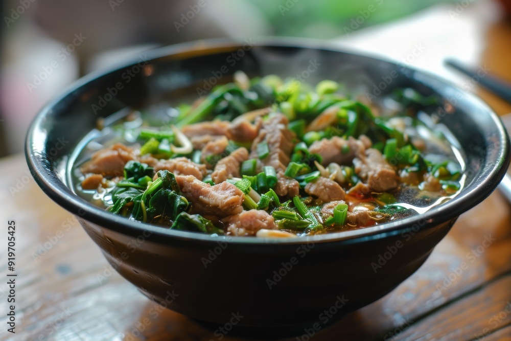 Cao Lau: A bowl of cao lau noodles with pork and greens Cao Lau: A bowl of cao lau noodles with pork and greens