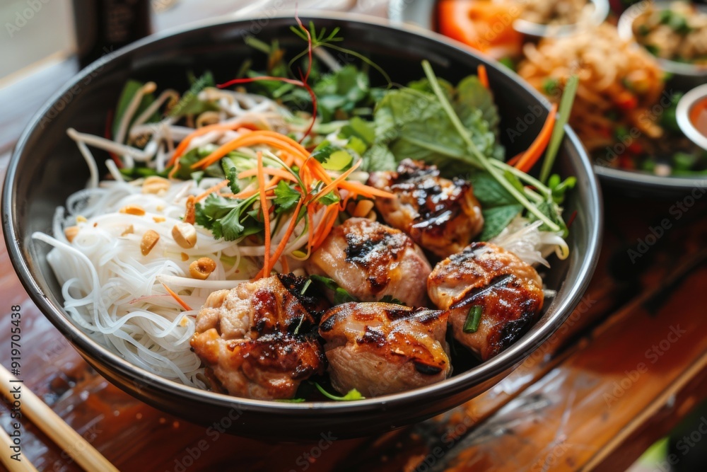 Bun Cha: A dish of bun cha with grilled pork, rice noodles, and herbs Bun Cha: A dish of bun cha with grilled pork, rice noodles, and herbs