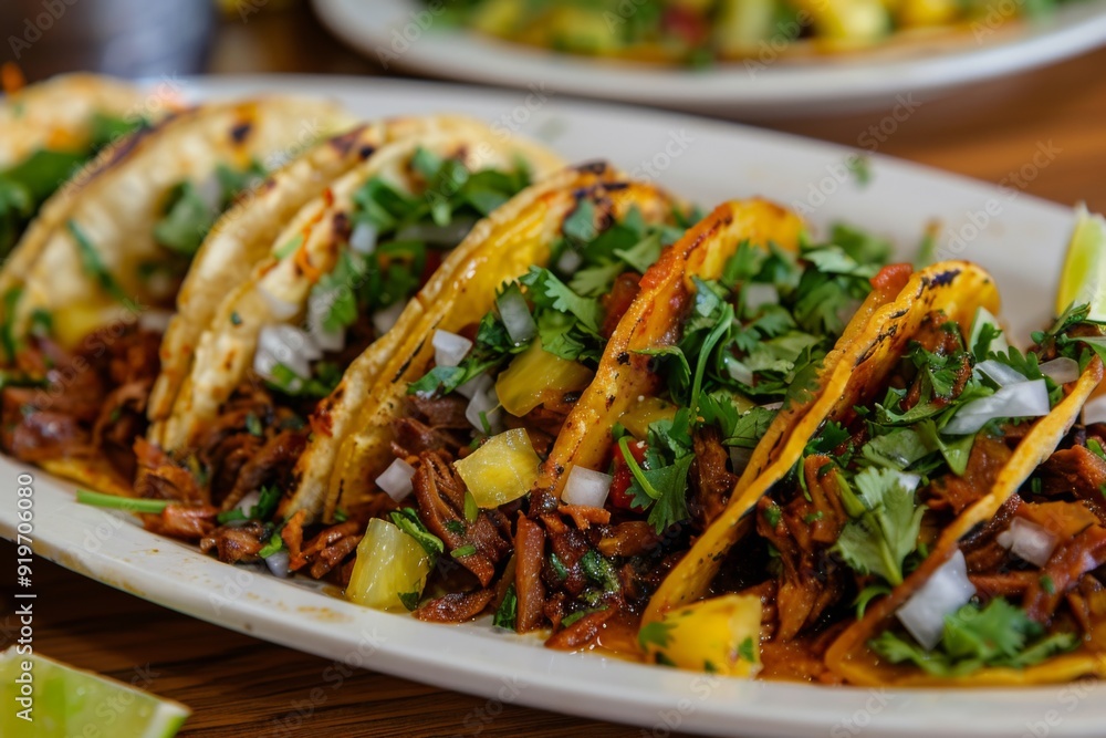 Tacos al Pastor: A plate of tacos al pastor with pineapple and cilantro Tacos al Pastor: A plate of tacos al pastor with pineapple and cilantro