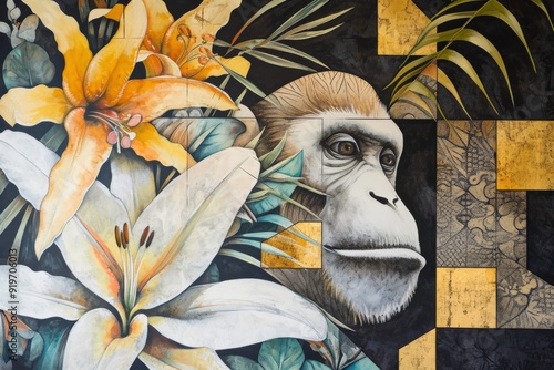 A vibrant mural featuring a gorilla's face surrounded by tropical flowers and geometric patterns.