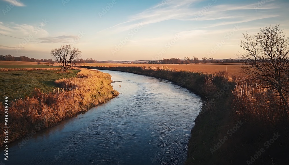 Fototapeta premium Serene River Winding Through Rural Landscape at Dusk