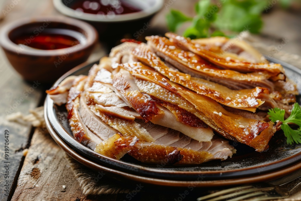 Peking Duck: Crispy Peking duck slices arranged around a stack of thin pancakes and hoisin sauce Peking Duck: Crispy Peking duck slices arranged around a stack of thin pancakes and hoisin sauce