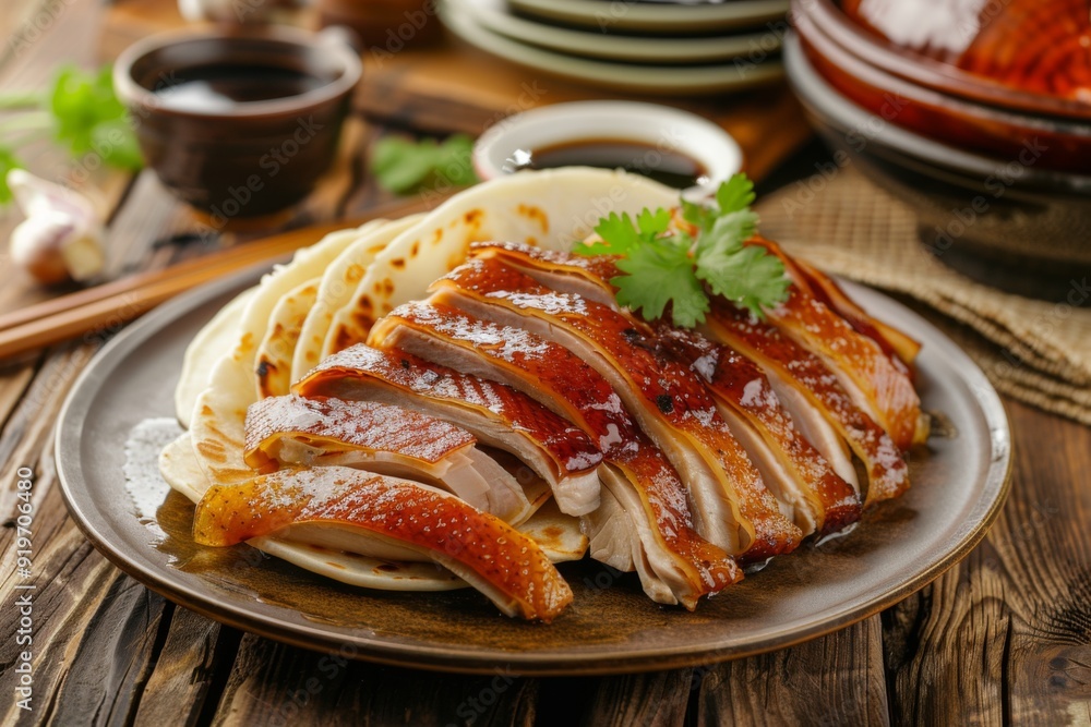 Peking Duck: Crispy Peking duck slices arranged around a stack of thin pancakes and hoisin sauce Peking Duck: Crispy Peking duck slices arranged around a stack of thin pancakes and hoisin sauce