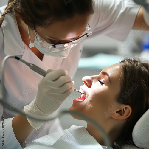Close-up of a dental procedure being performed by two dentists on a patient, protective gear, oral surgery, dental treatment