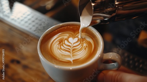 A professional barista pours hot milk into a coffee cup. Make rosetta latte art