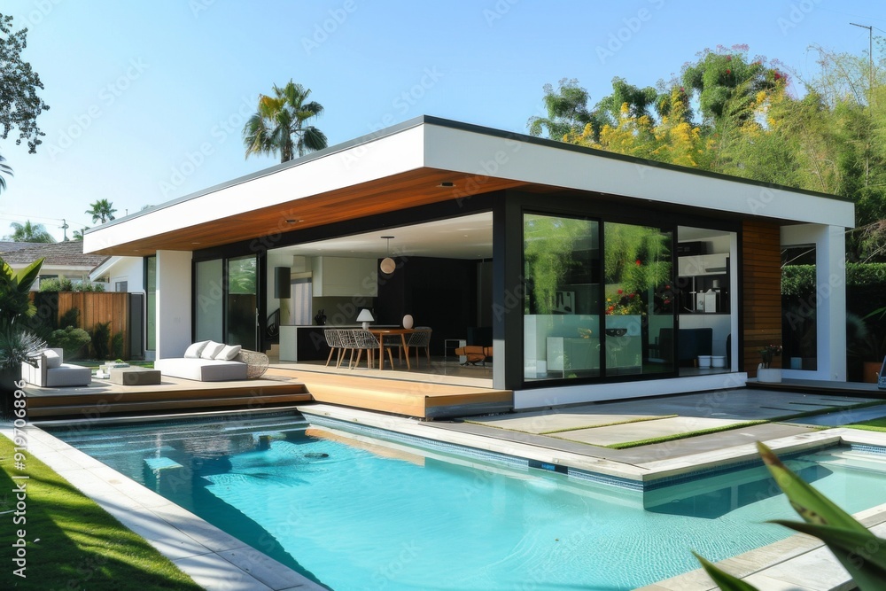 Fototapeta premium Small modern design home with backyard pool