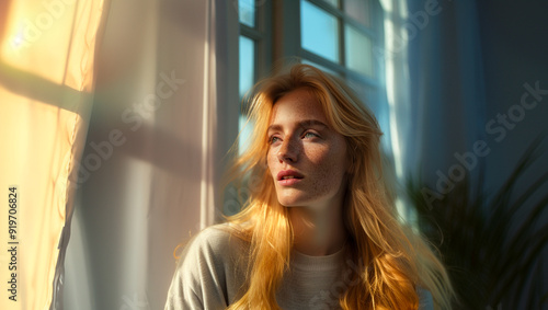 Free Download beautiful long hair blond woman looking out window - GFXLoad