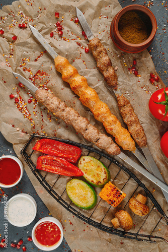 Delicious barbecue meat skewers with grilled vegetables and dipping sauces lying on parchment paper seasoned with spices