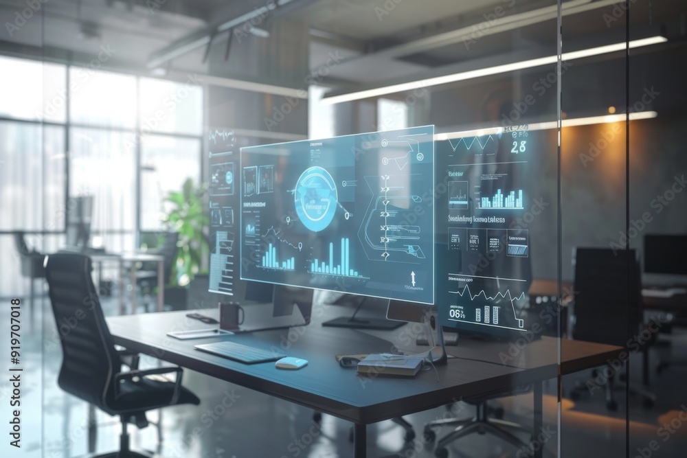 Sophisticated office environment with transparent screen showing swot analysis Sophisticated office environment with transparent screen showing swot analysis