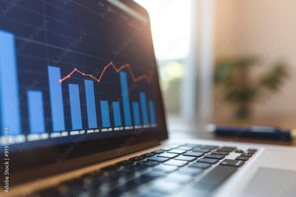Close up of a 3D graph growing upwards on laptop screen Close up of a 3D graph growing upwards on laptop screen