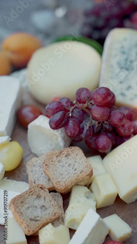 Close-up of Cheese Board and Wine Glasses in a Rustic Garden Setting photo