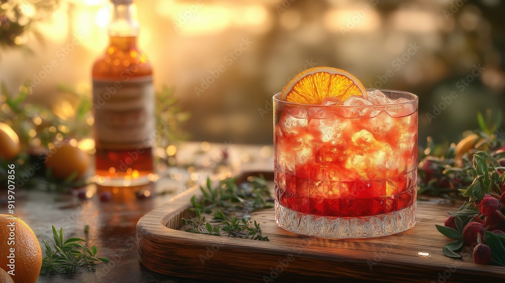 Refreshing Negroni Cocktail with Ice in a Crystal Glass, Garnished with Fresh Orange Slice, Perfect for a Summer Evening on the Patio