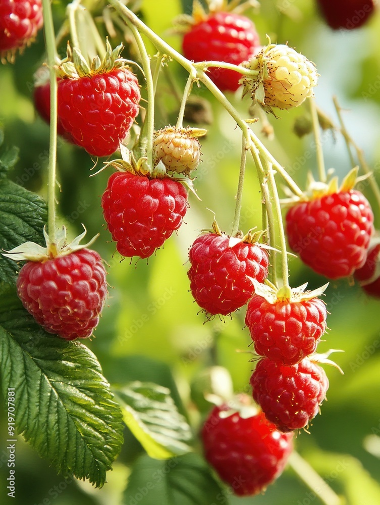 Closeup of ripe red raspberries growing on a vine with green leaves. Closeup of ripe red raspberries growing on a vine with green leaves.