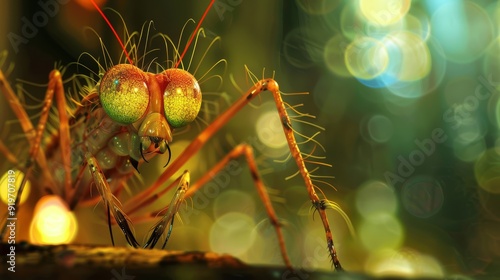 An intricately detailed praying mantis rests in a mystical, hazy forest