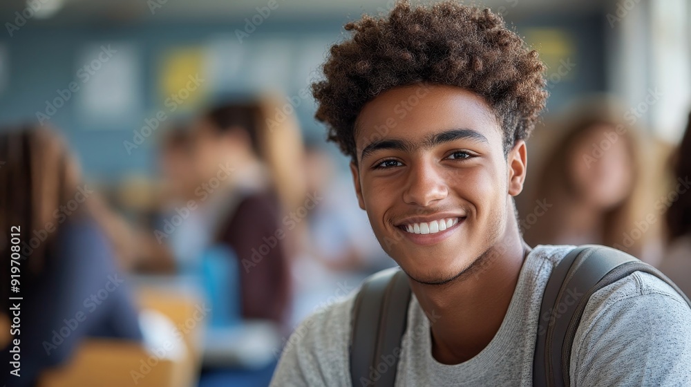 Young male student smiling and looking at camera on first day of co-ed class, Generative AI Young male student smiling and looking at camera on first day of co-ed class, Generative AI