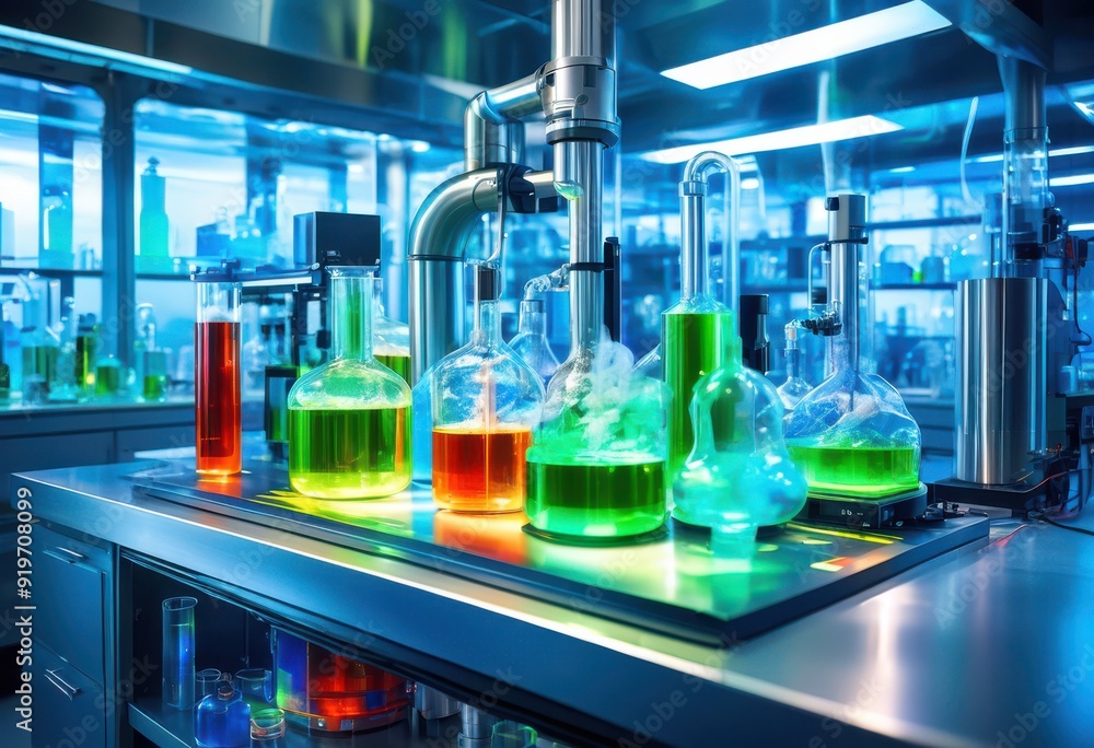futuristic high tech laboratory featuring dynamic chemical reactions advanced equipment vibrant visuals, beakers, flasks, test, tubes, pipettes futuristic high tech laboratory featuring dynamic chemical reactions advanced equipment vibrant visuals, beakers, flasks, test, tubes, pipettes