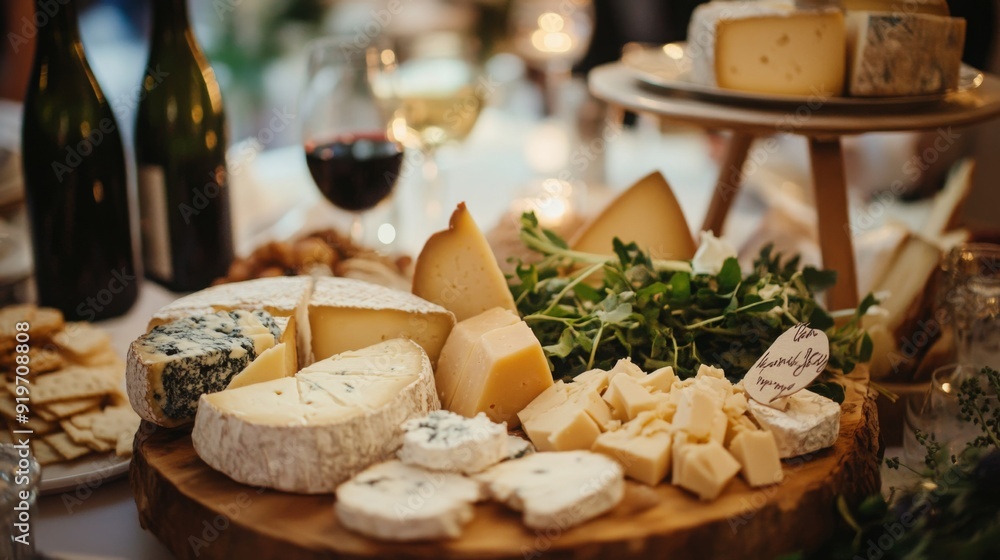 A beautifully arranged cheese platter featuring a variety of cheeses, herbs, and wine, set for an evening gathering. A beautifully arranged cheese platter featuring a variety of cheeses, herbs, and wine, set for an evening gathering.