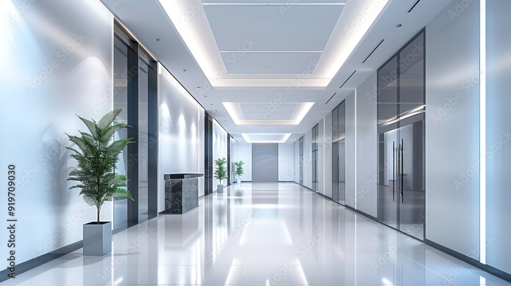 Fototapeta premium Modern Office Hallway with Glass Doors