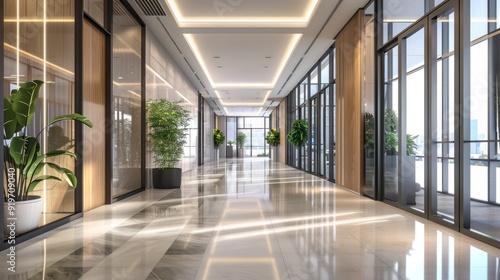 Modern Hallway with Glass Walls and Natural Light