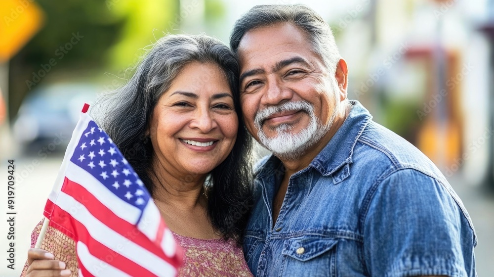 Happy senior Latino American couple holding an American flag, smiling on the street during the USA presidential election 2024. Happy senior Latino American couple holding an American flag, smiling on the street during the USA presidential election 2024.