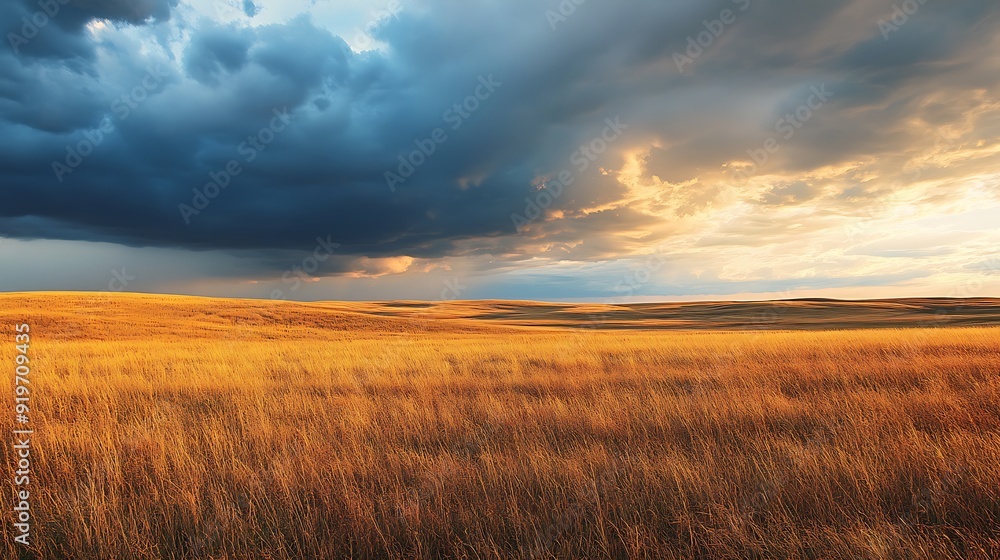 Golden wheat sways gently under a vast blue sky, rural landscape painting nature's canvas