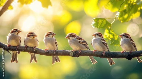 Portrait group small birds sparrows with the Latin name estrildidae perched on a tree branch background wallpaper AI generated image photo