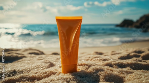 Sunscreen in orange cosmetic tube, sandy beach and sea background. Summer vacation and skin care, cosmetics, UV protection concept.