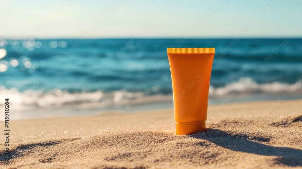 Sunscreen in orange cosmetic tube, sandy beach and sea background. Summer vacation and skin care, cosmetics, UV protection concept. Sunscreen in orange cosmetic tube, sandy beach and sea background. Summer vacation and skin care, cosmetics, UV protection concept.