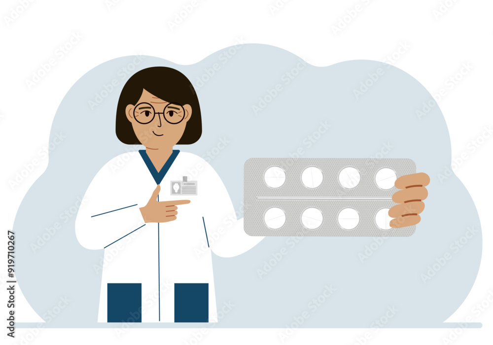 A female doctor in a white coat holds a large plate with pills. Vector flat illustration A female doctor in a white coat holds a large plate with pills. Vector flat illustration