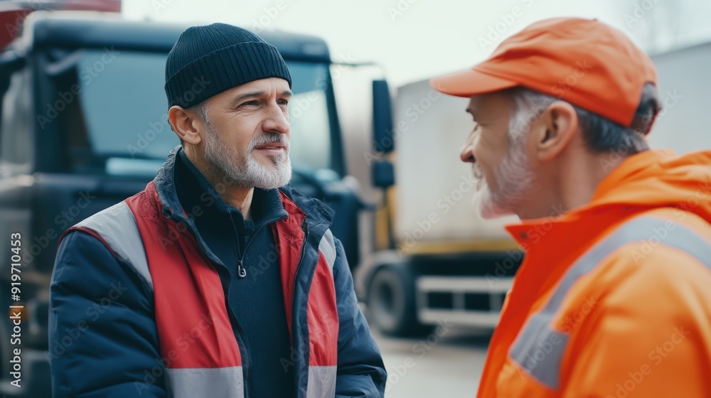 The manager is talking to the truck driver while handling the shipment The manager is talking to the truck driver while handling the shipment