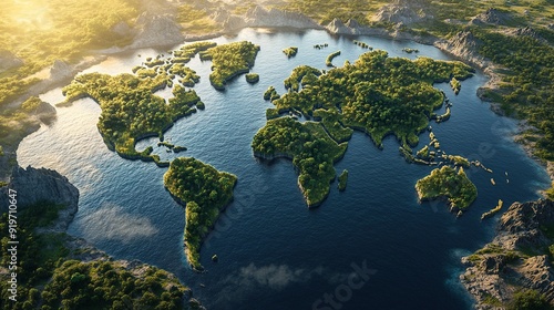 An aerial view of the world depicted as a green, lush island surrounded by blue water with rocky coastlines.