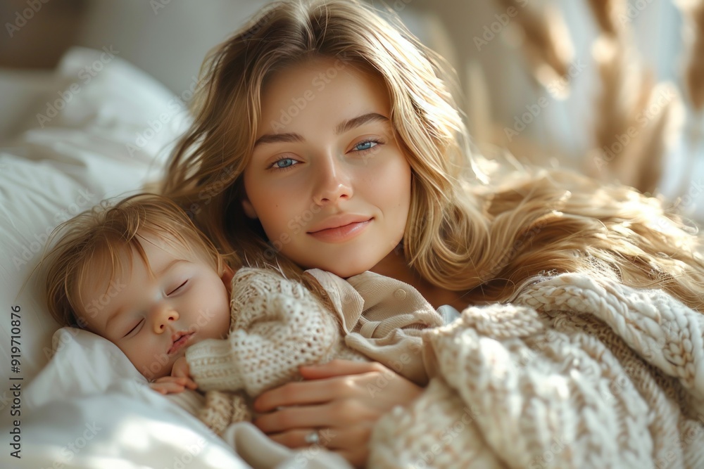 Mother holding newborn baby in bed, woman with long hair sitting on white sofa in light room. Mother holding newborn baby in bed, woman with long hair sitting on white sofa in light room.