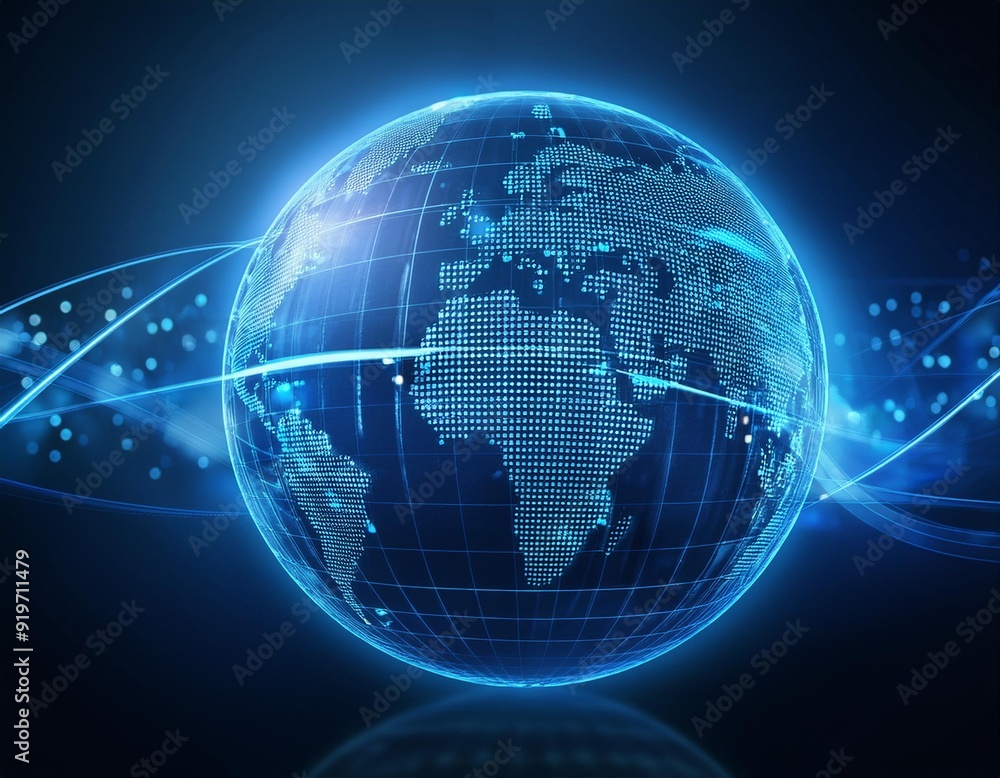 blue hologram globe with world map with glowing data streams blue hologram globe with world map with glowing data streams