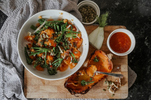 Roasted butternut squash on wooden board. Pumpkin seeds, fennel and nuts with broccoli for a super healthy vegan summer salad. Coated in dressing.