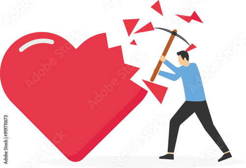 Angry husband using big hammer to hit broken heart shape metaphor of family problem. Marriage difficulties problem, divorce or violence or painful in broken relationship.

