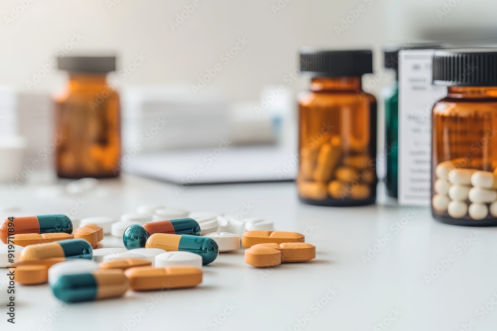 A set of prescription medicine bottles and an assortment of pills and tablets scattered on a white pharmacy counter, with a focus on the textures and details of the pills A set of prescription medicine bottles and an assortment of pills and tablets scattered on a white pharmacy counter, with a focus on the textures and details of the pills