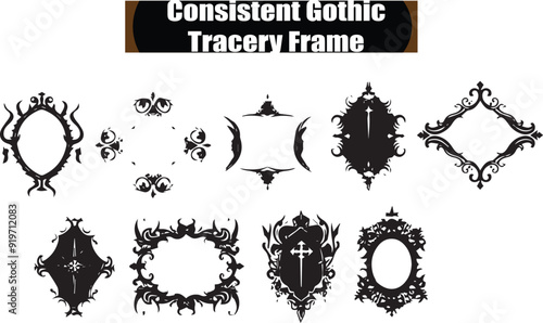 Consistent Gothic Tracery Frame Artistic Silhouette Elements in Black