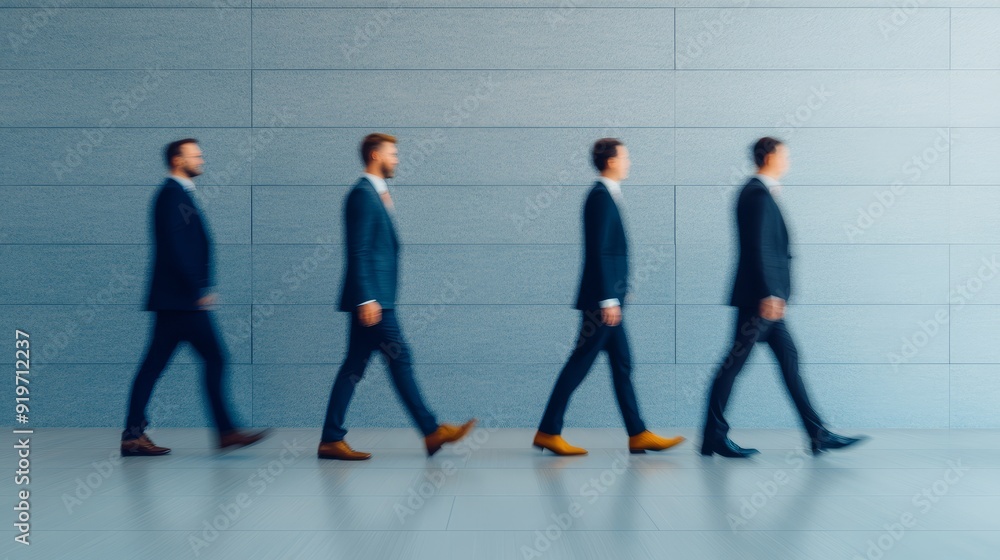 Obraz premium Blurred figures of business professionals networking in modern conference hall, dynamic composition, intense motion blur