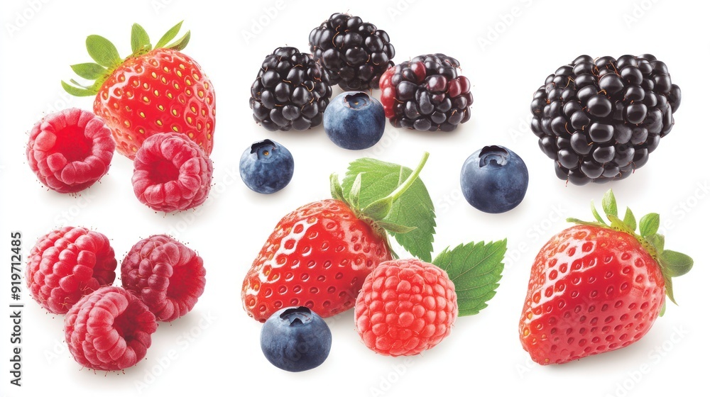 Vibrant collection of ripe berries, featuring strawberries, blackberries, raspberries, and blueberries, cut out Vibrant collection of ripe berries, featuring strawberries, blackberries, raspberries, and blueberries, cut out