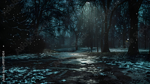 Dark Sinister Park Frozen Ground Cloudy Dark Night in Winter..